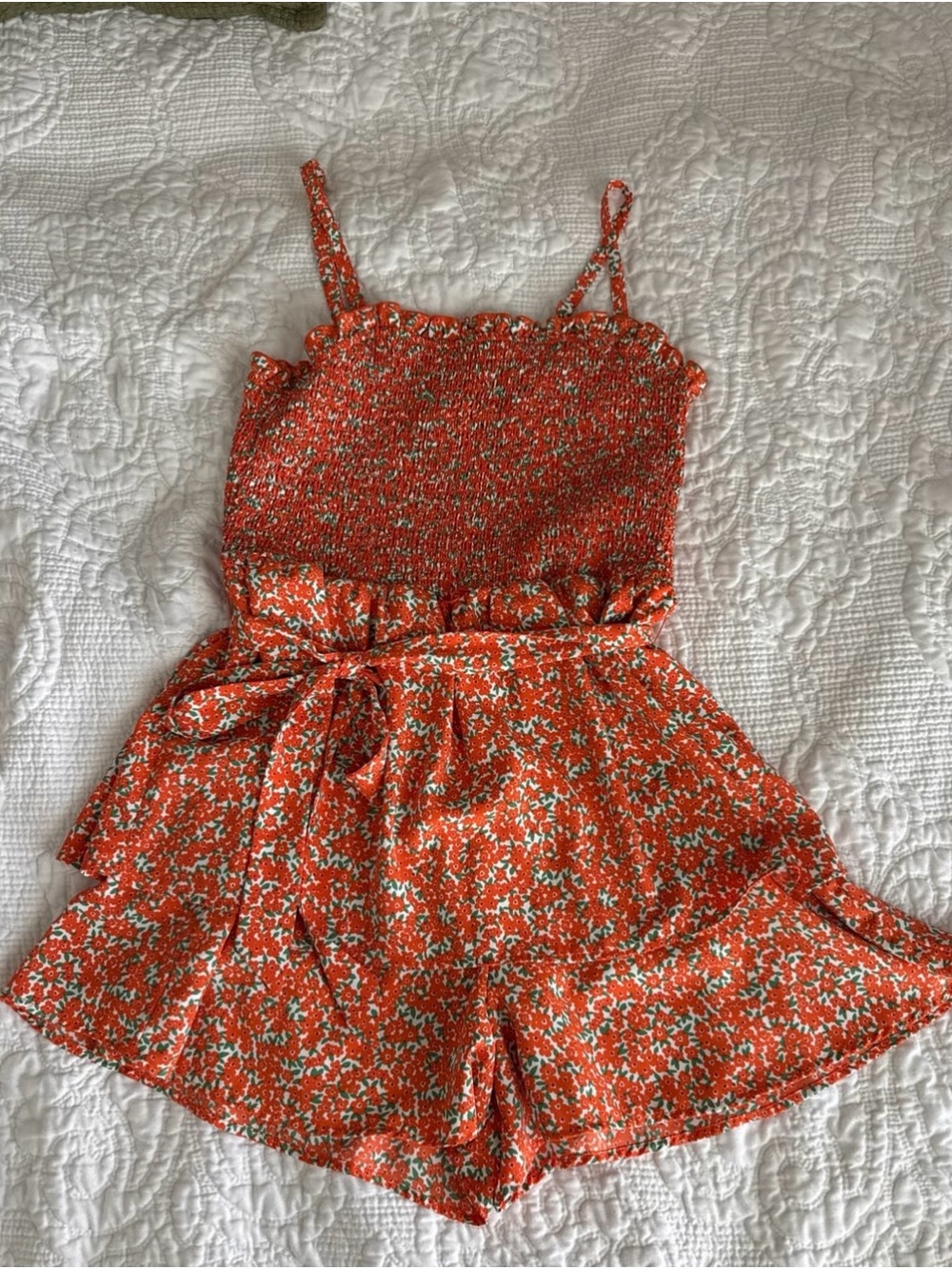 Cato Orange Floral Smocked Romper with Tie Waist